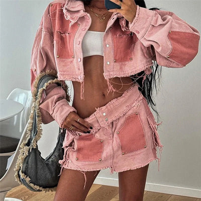 PINK DENIM CROPPED JACKET AND SKIRT SET - Luxxe One